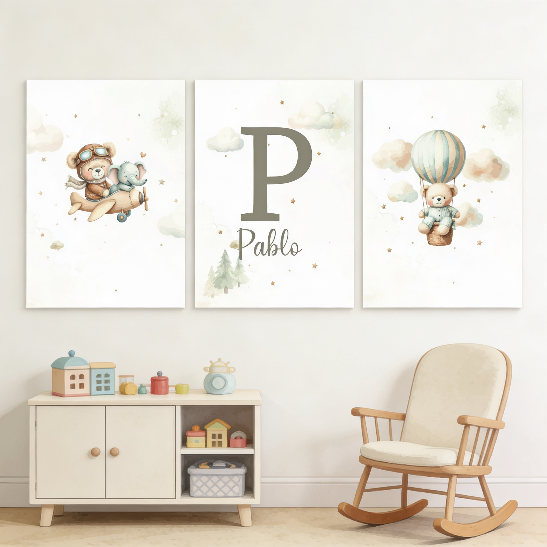 Set de 3 Láminas Decorativas Personalizadas – Osito Aviador, Inicial y Globo Aerostático 🐻✈️🎈