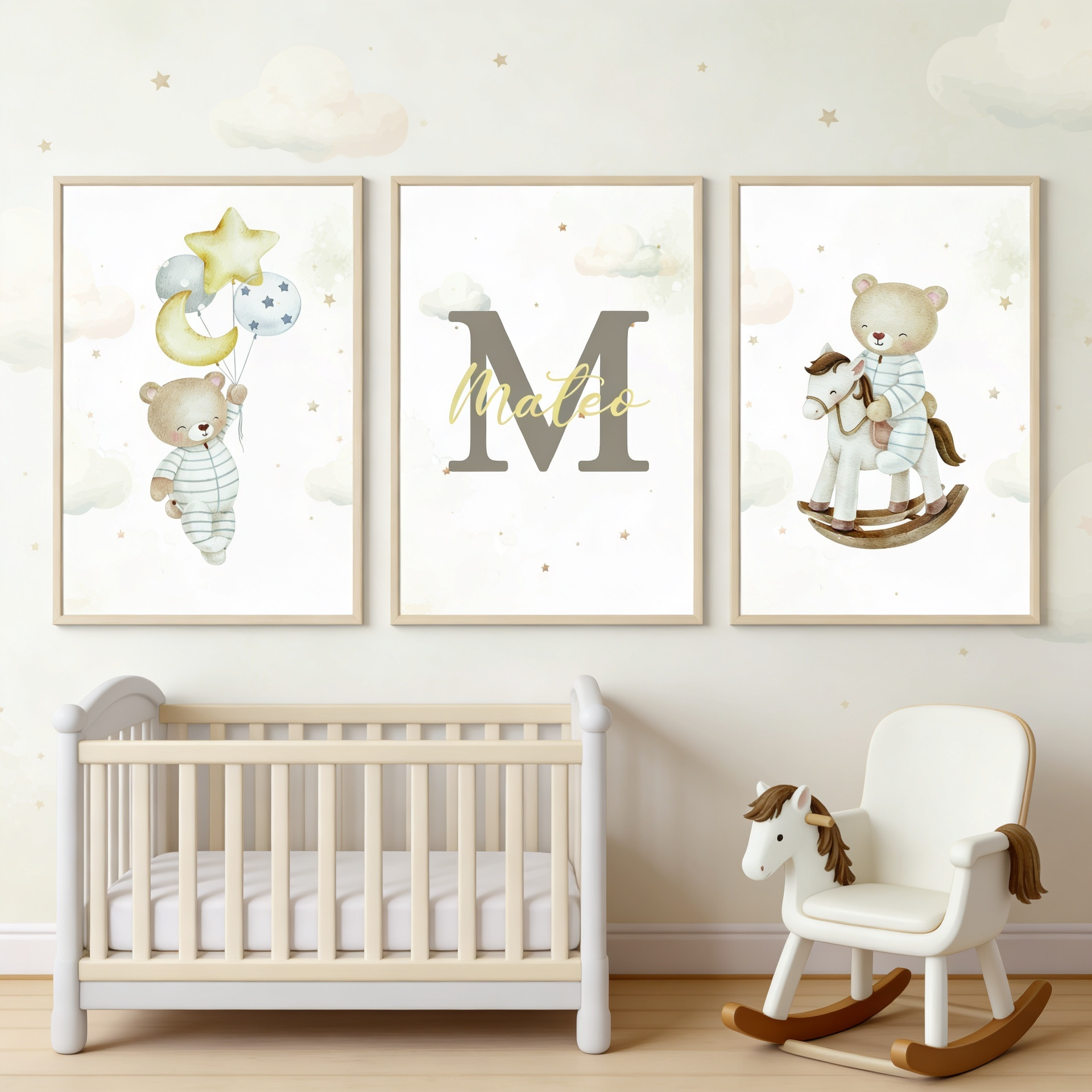 Set de 3 Láminas Decorativas Personalizadas – Osito con Globos, Inicial y Caballito 🐻🌙🐴