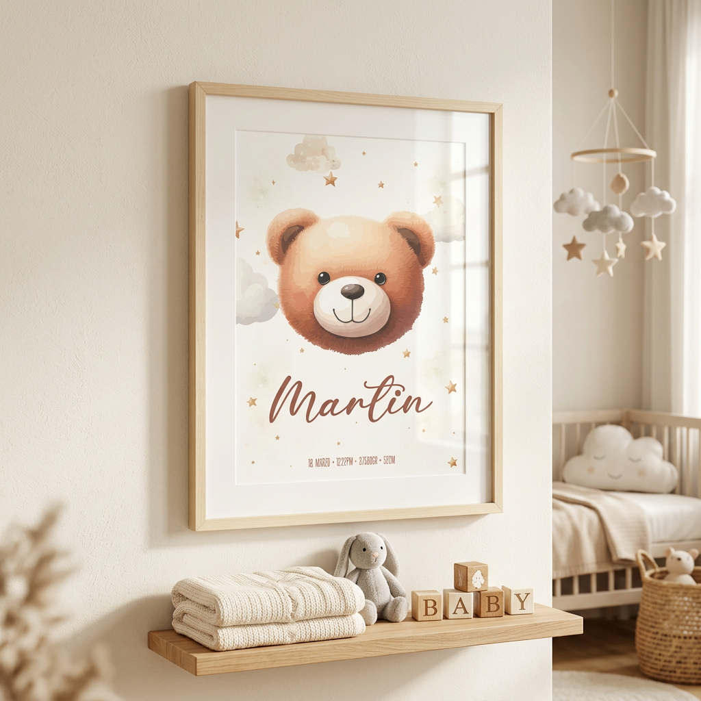 Ilustración de Nacimiento Personalizada – Osito Cara Dulce 🐻⭐