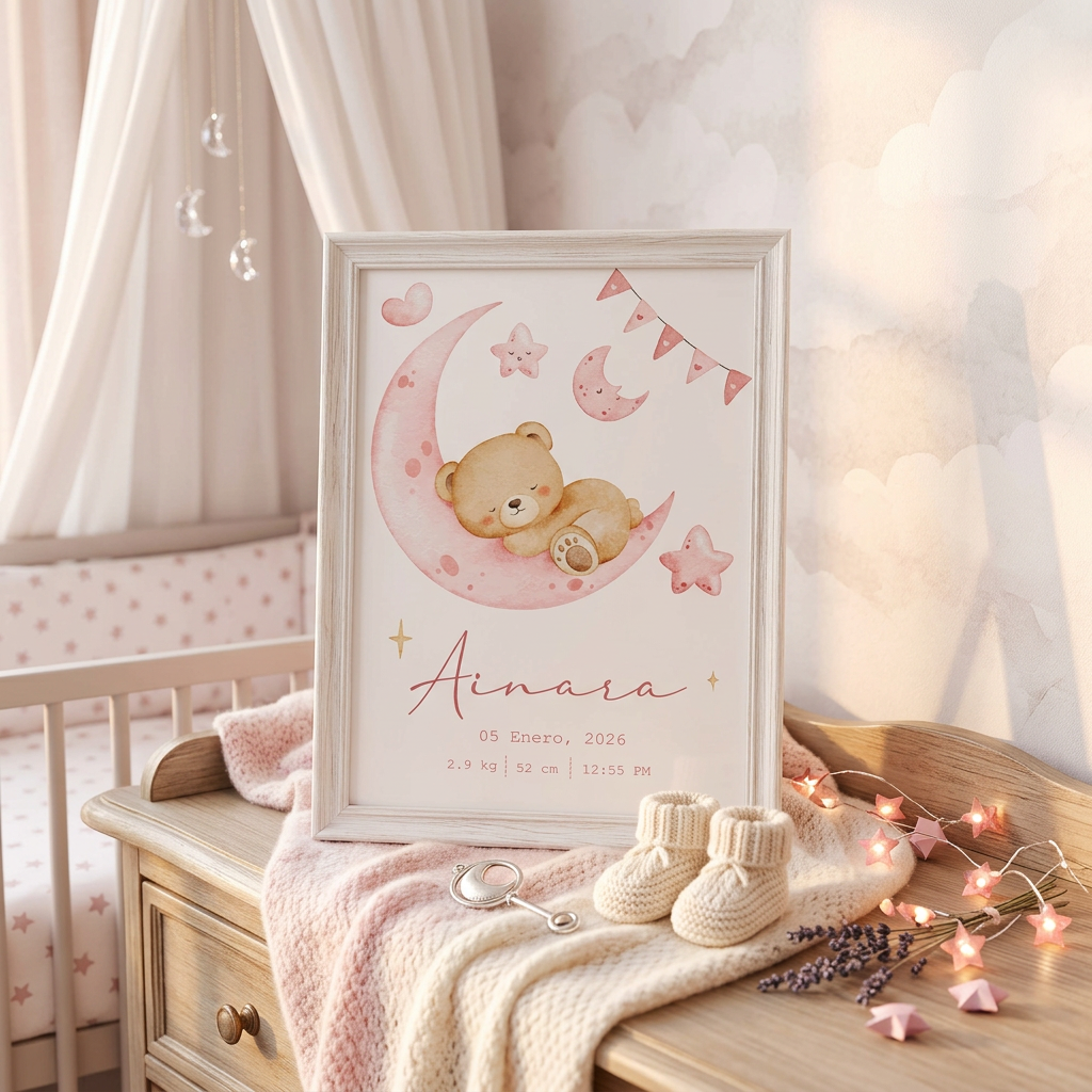 Póster de Nacimiento Personalizado – Osito en la Luna ✨