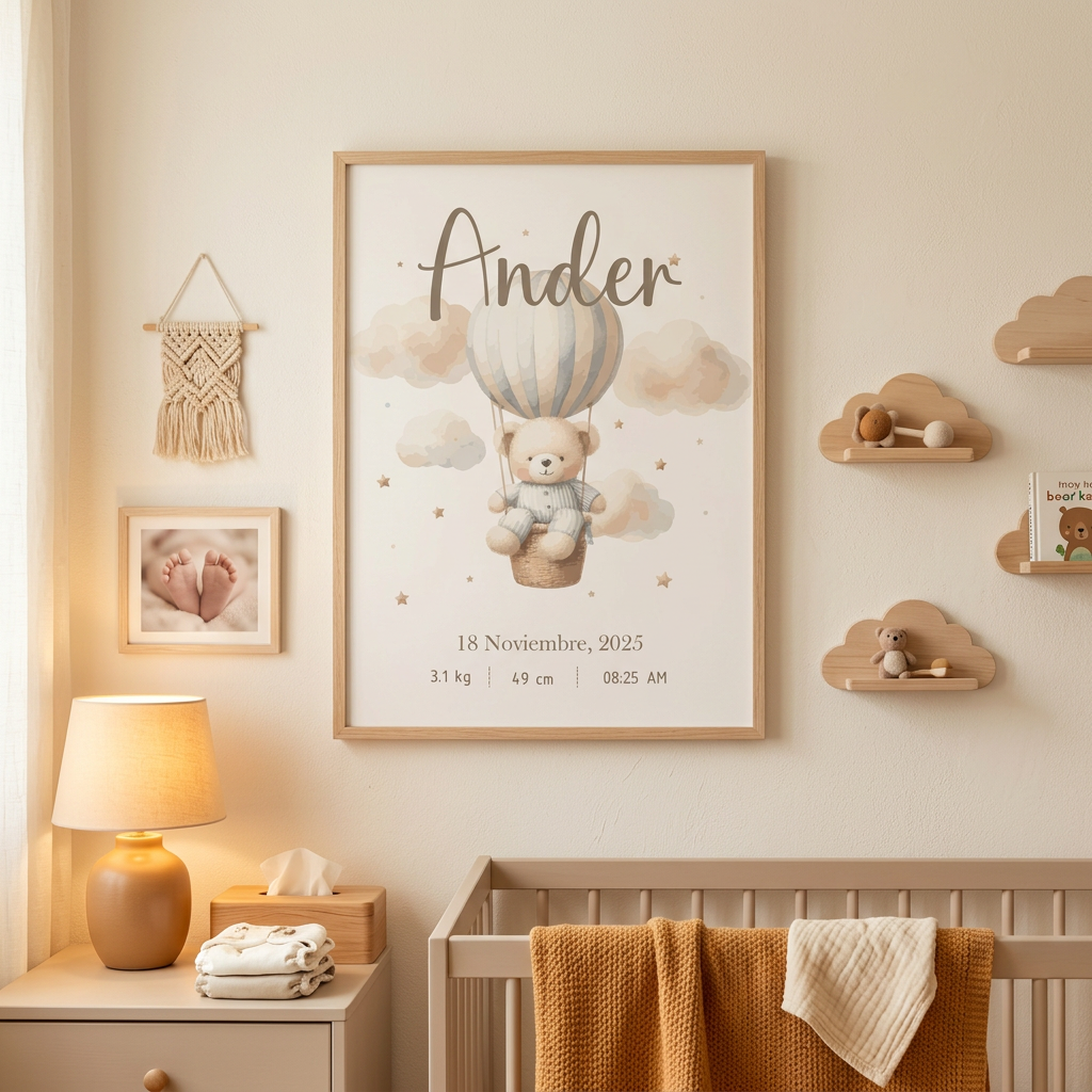 Lámina de Nacimiento Personalizada – Osito en Globo ✨