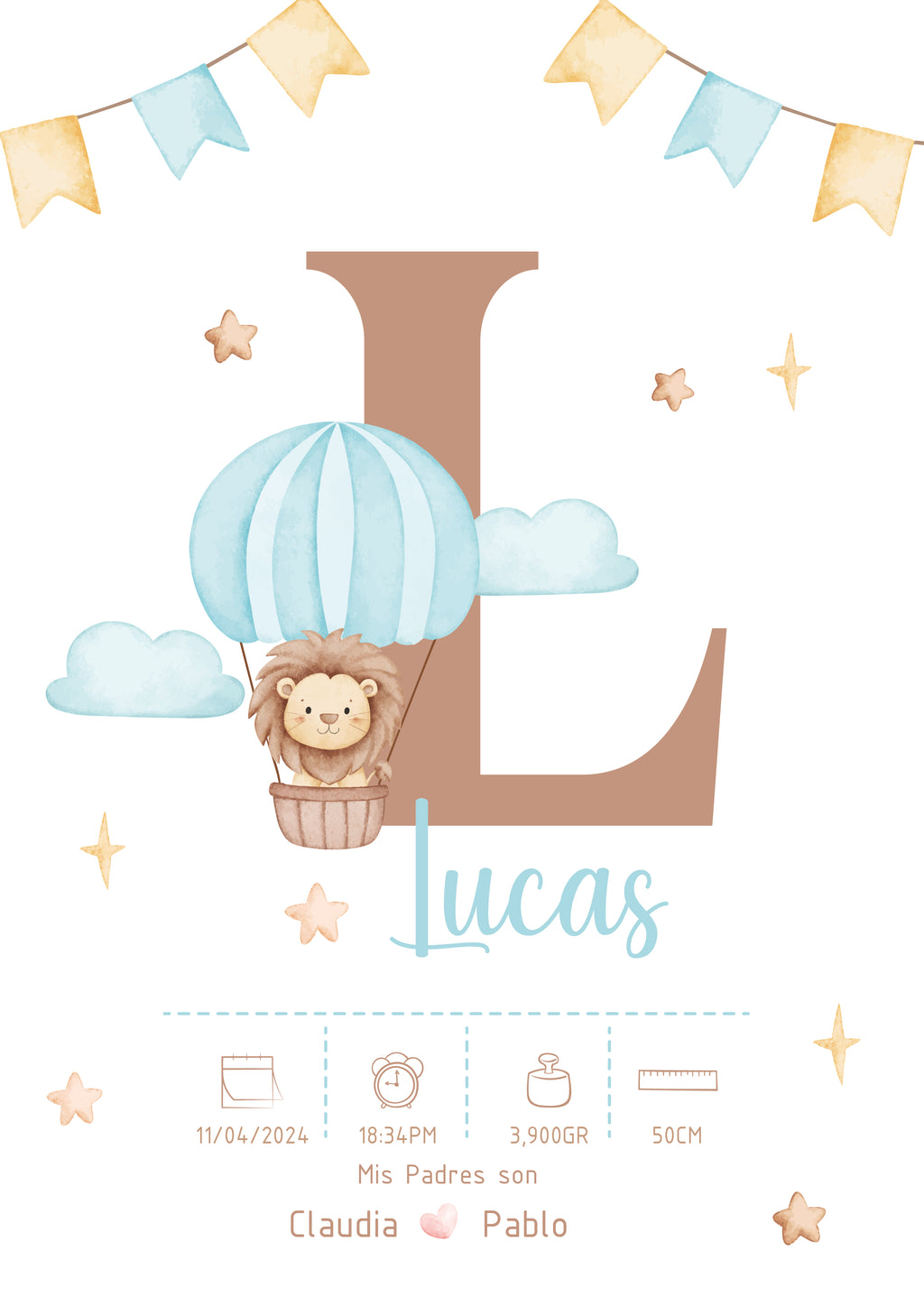 Afiche de Nacimiento Personalizado – Inicial y Leoncito en Globo 🦁