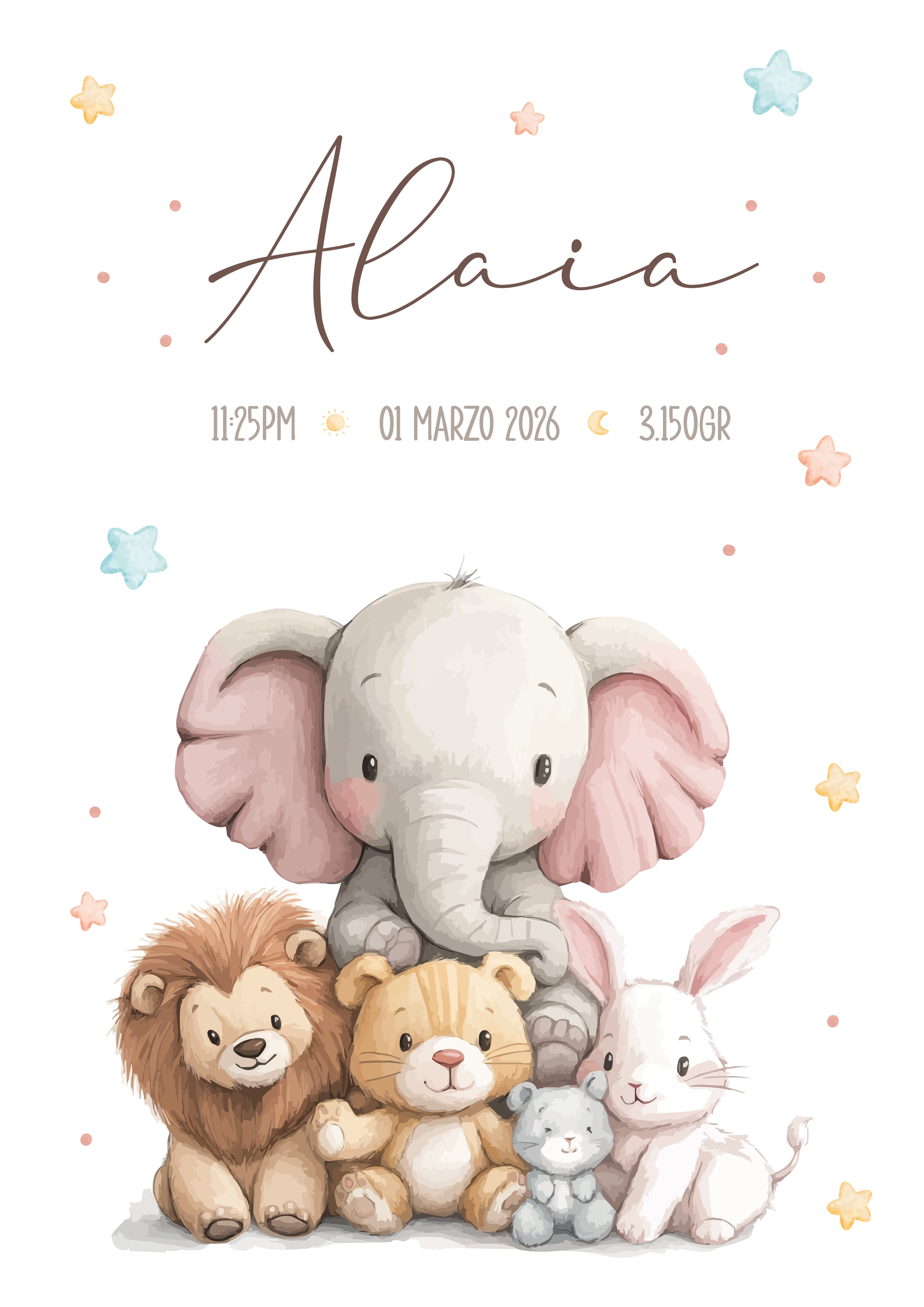 Póster de Nacimiento Personalizado – Amigos del Bosque 🐘🦁