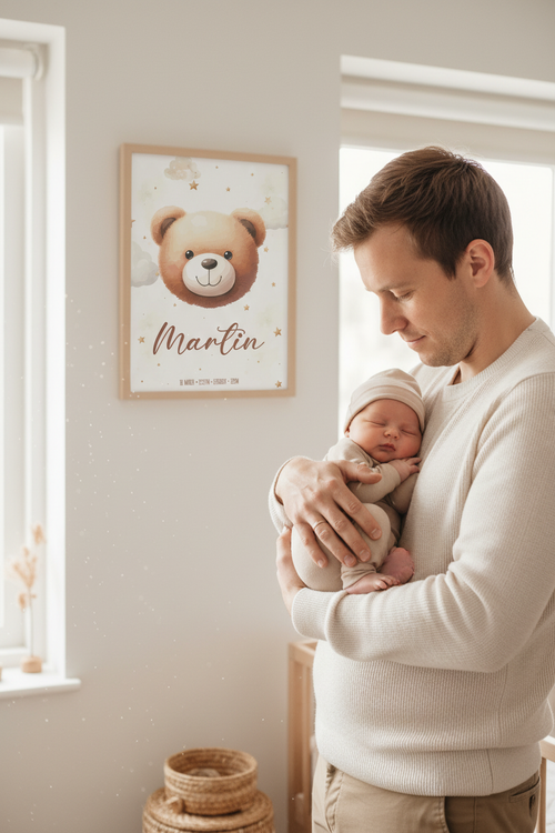 Imagen lifestyle habitación nórdica con lámina de nacimiento cara de osito enmarcada en madera