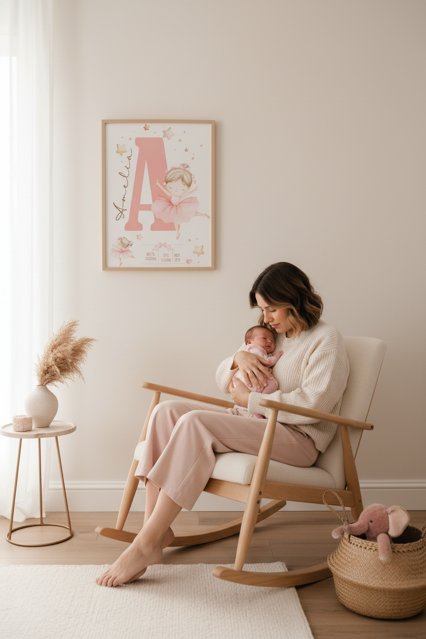 Imagen lifestyle habitación nórdica con lámina de nacimiento bailarina enmarcada en madera
