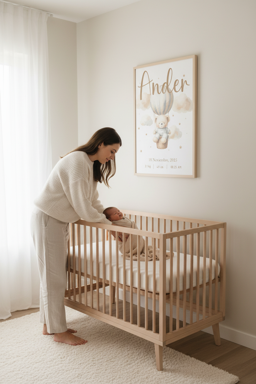 Imagen lifestyle habitación nórdica con lámina de nacimiento osito en globo aerostático enmarcada en madera