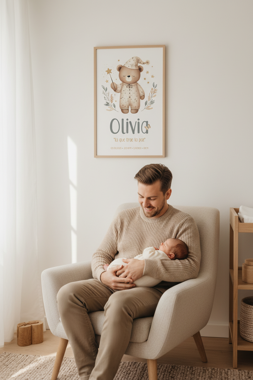 Imagen lifestyle habitación nórdica con lámina de nacimiento osito dormilon enmarcada en madera