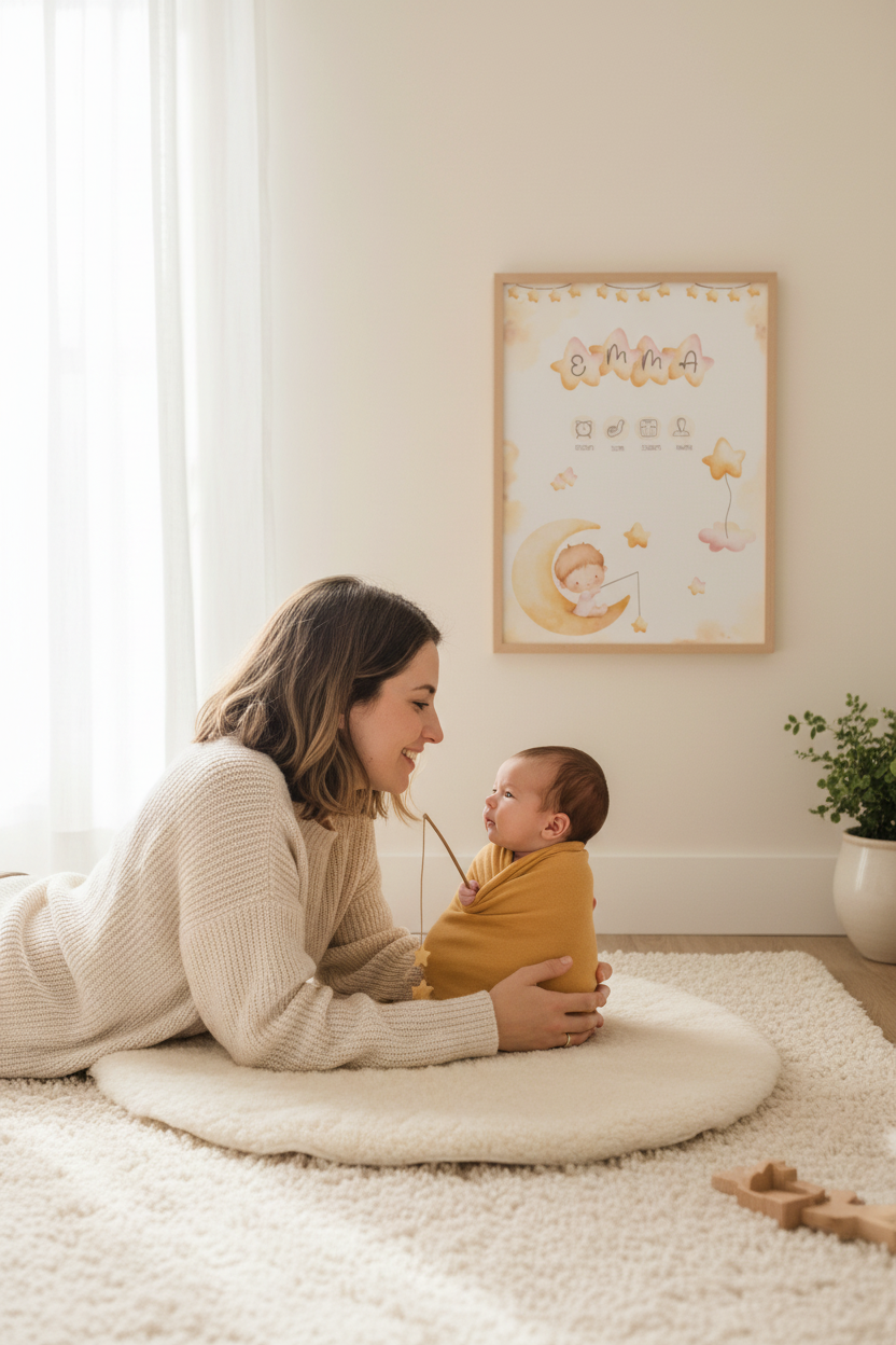 Imagen lifestyle habitación nórdica con lámina de nacimiento niña en luna pescando enmarcada en madera