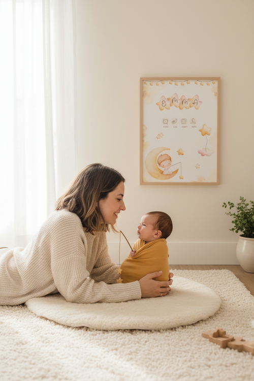 Imagen lifestyle habitación nórdica con lámina de nacimiento niña en luna pescando enmarcada en madera