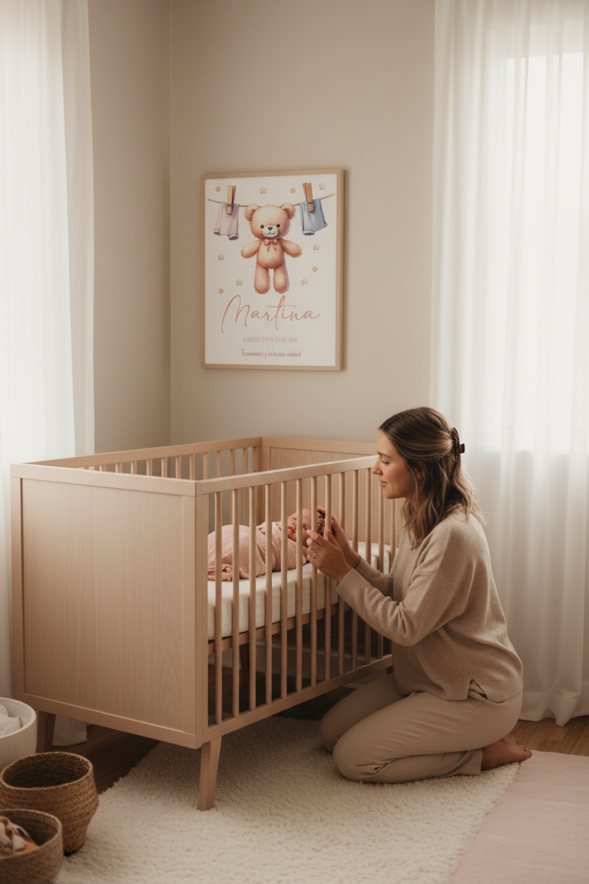 Imagen lifestyle habitación nórdica con lámina de nacimiento osita rosa enmarcada en madera
