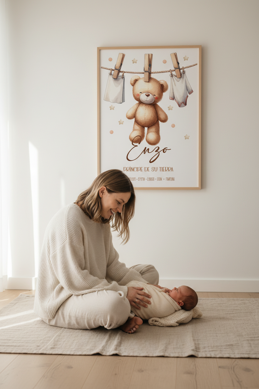 Imagen lifestyle habitación nórdica con lámina de nacimiento osito tendedero enmarcada en madera