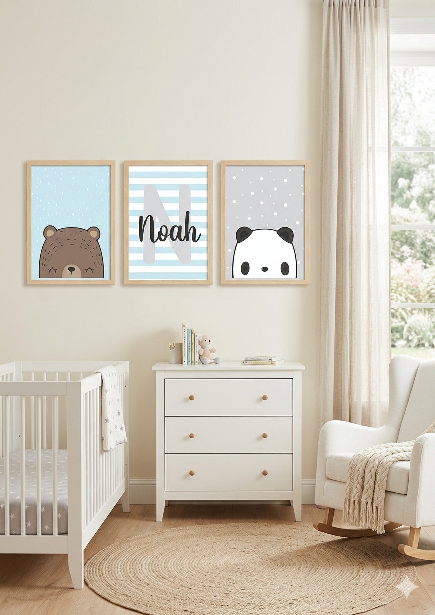 Set de 3 Láminas Personalizadas – Ositos Kawaii con Nombre 🐻🐼