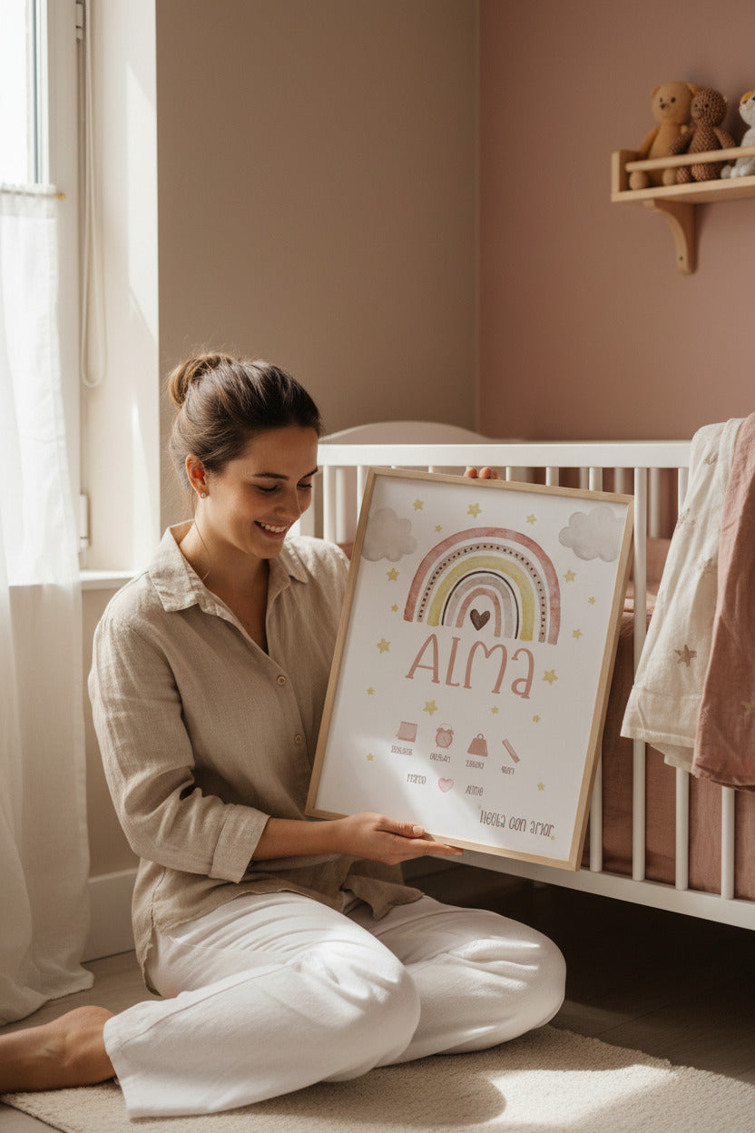 Lámina de Nacimiento Personalizada – Arcoíris Rosa 🌈✨
