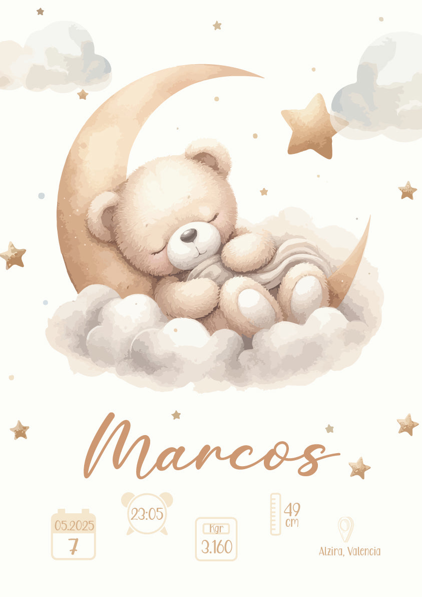Póster de Nacimiento Personalizado – Osito en la Luna 🐻⭐
