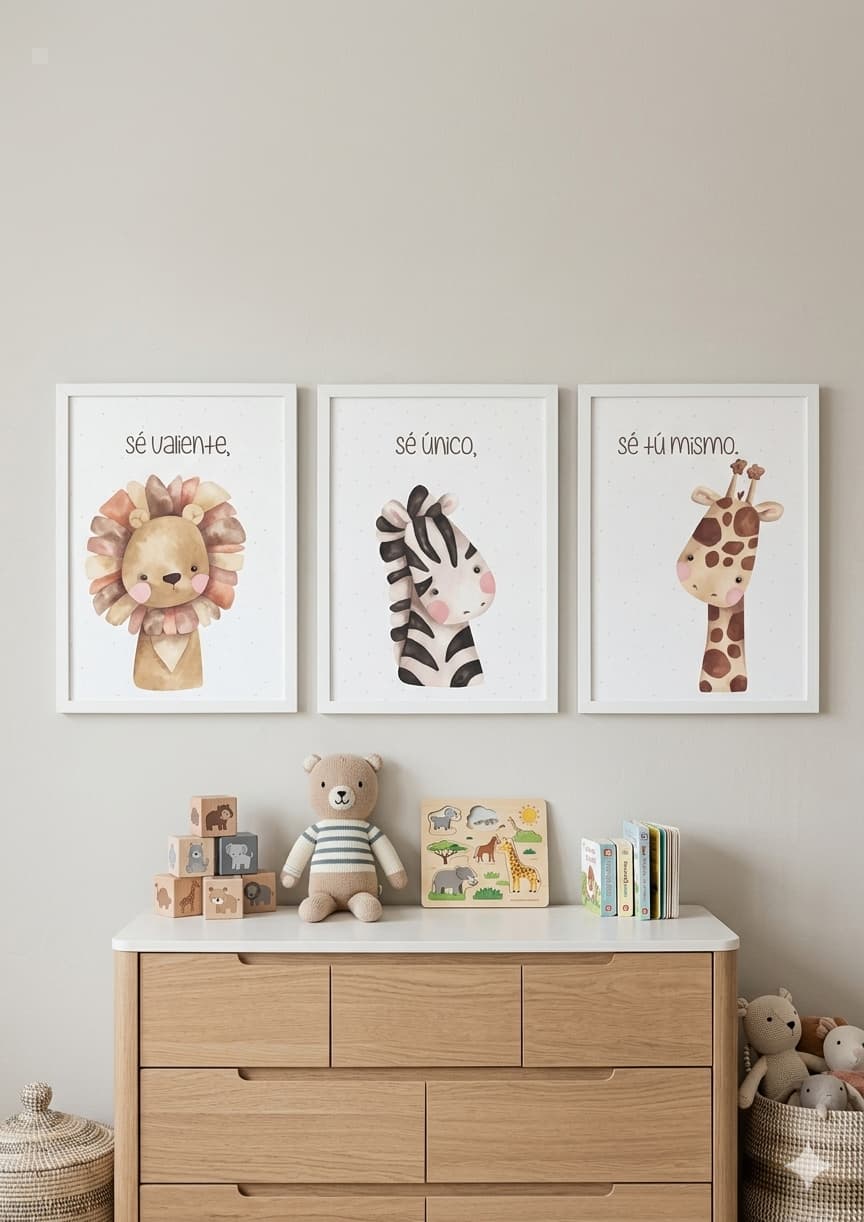 Set de 3 Láminas Decorativas Personalizadas – Sé Valiente, Sé Único, Sé Tú Mismo 🦁🦓🦒