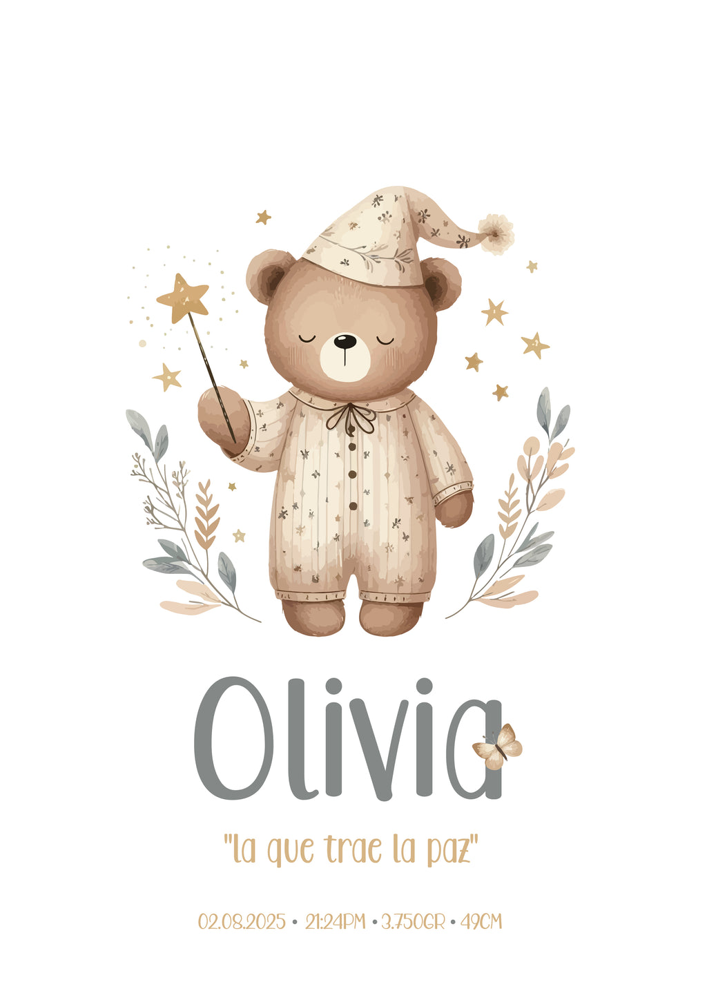 Cuadro de Nacimiento Personalizado – Osito Mágico con Significado del Nombre 🐻✨