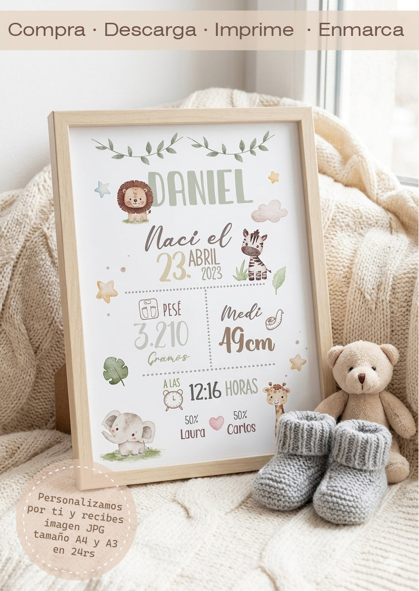 Lámina Nacimiento Personalizada Animales Sabana – Cuadro Bebé 🦁🦓🐘🦒