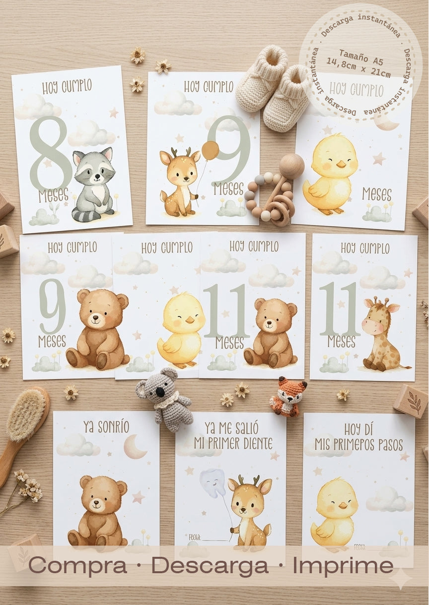 Set 16 Tarjetas Hito de Nacimiento 👶✨ | Descarga Digital Inmediata