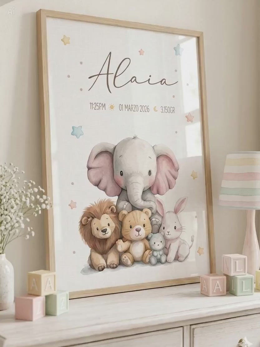 Póster de Nacimiento Personalizado – Amigos del Bosque 🐘🦁